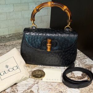 Gucci Ostrich 1947 Custom Bamboo Top Handle Bag w/ Strap & Mirror